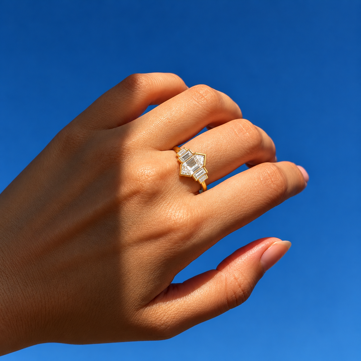 Hexagon Cut Lab Grown Diamond Engagement Ring with Baguette Side Stones in 14K Yellow Gold