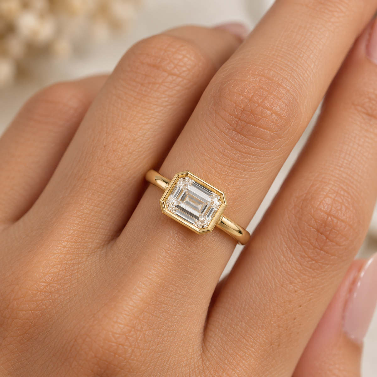 Asscher Cut Lab Grown Diamond Bezel Engagement Ring in 14K Yellow Gold