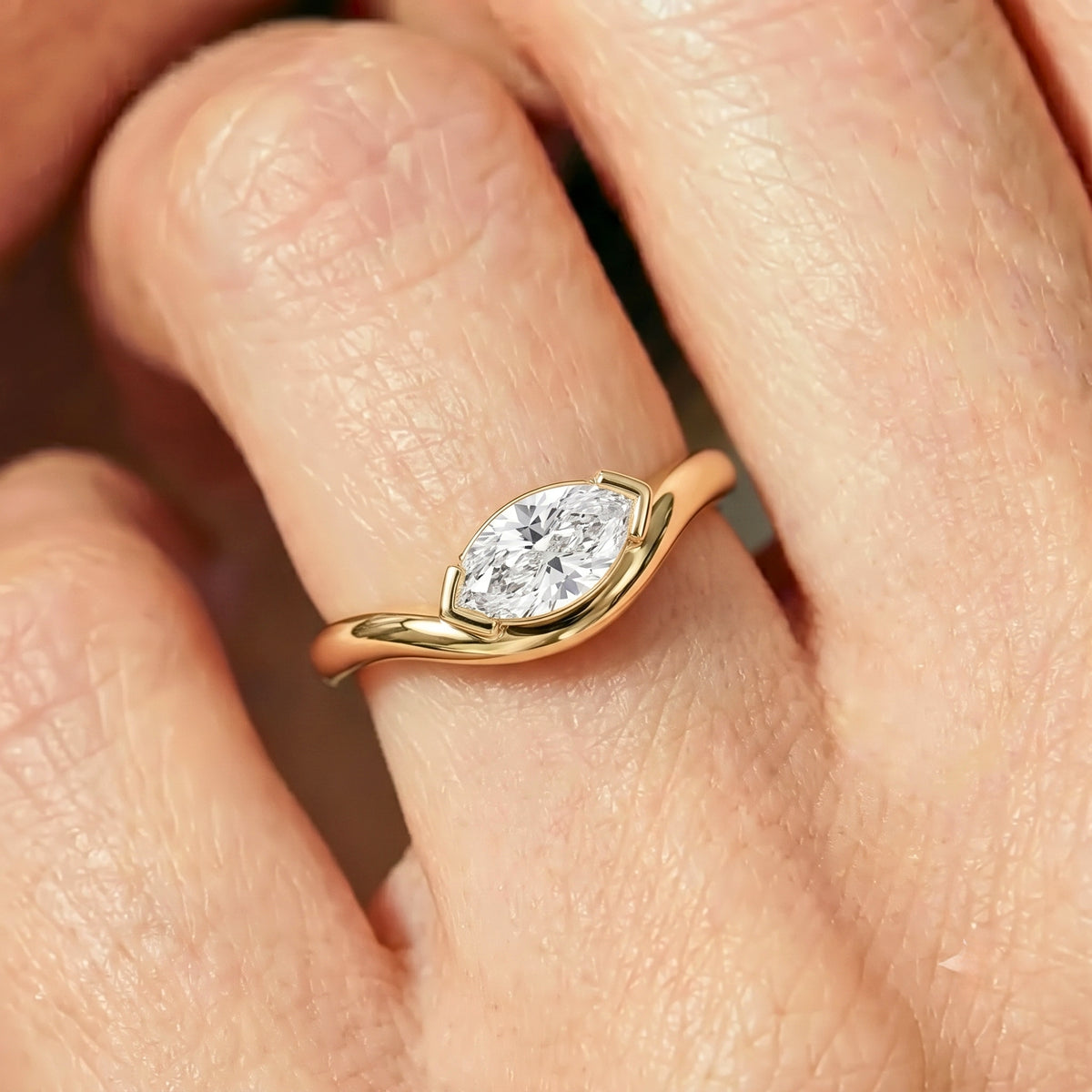 Lab Grown Diamond Marquise Brilliant Cut Sculptural Tension Bypass Engagement Ring IGI Certified in 14K Yellow Gold