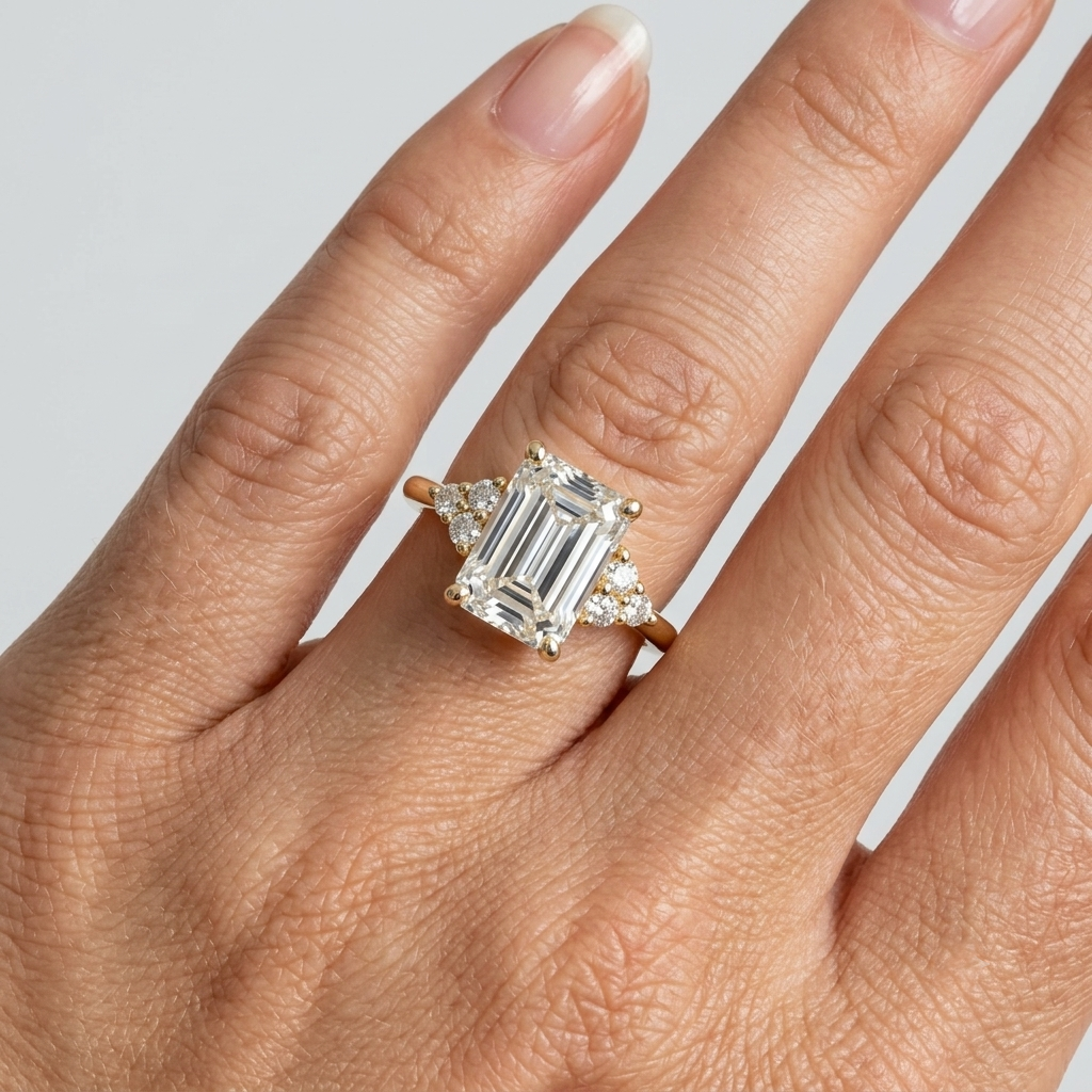 Lab Grown Diamond  Emerald Cut Cluster Side Stone Engagement Ring IGI Certified in 14K Yellow Gold