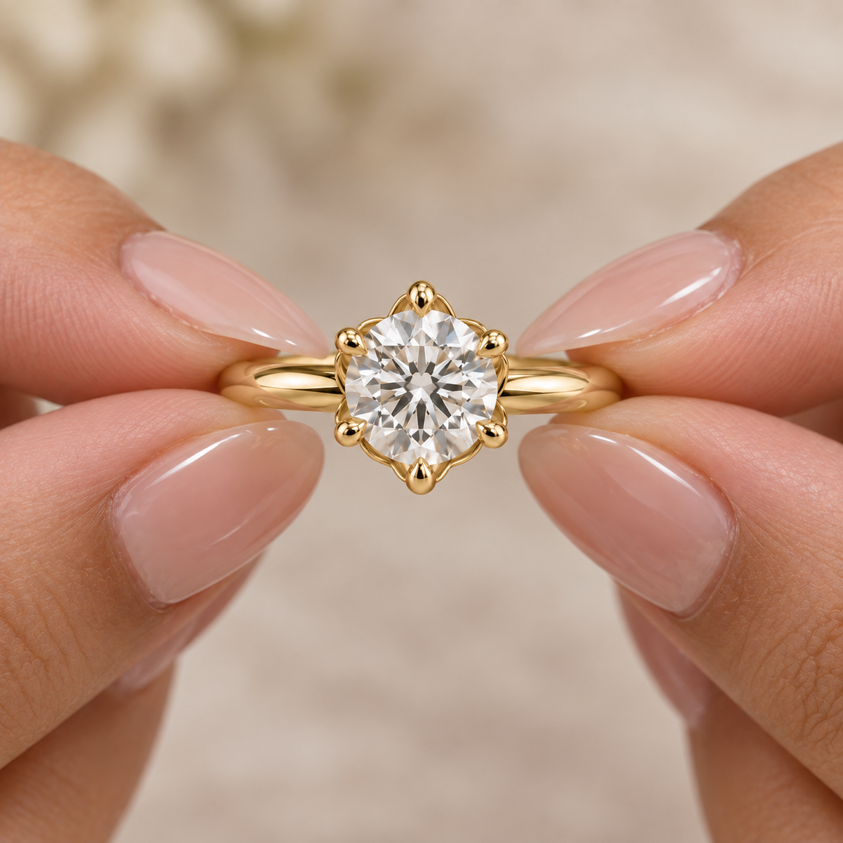 Lab Grown Diamond   Round Brilliant Cut Floral Halo Solitaire Engagement Ring in 14K Yellow Gold