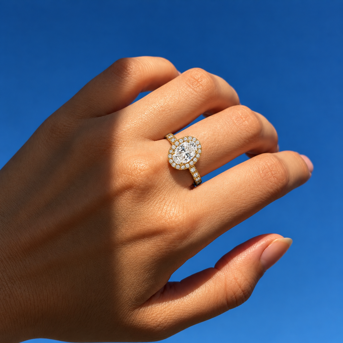 Oval Cut Halo Lab Grown Diamond Engagement Ring with Pavé Band in 14K Yellow Gold