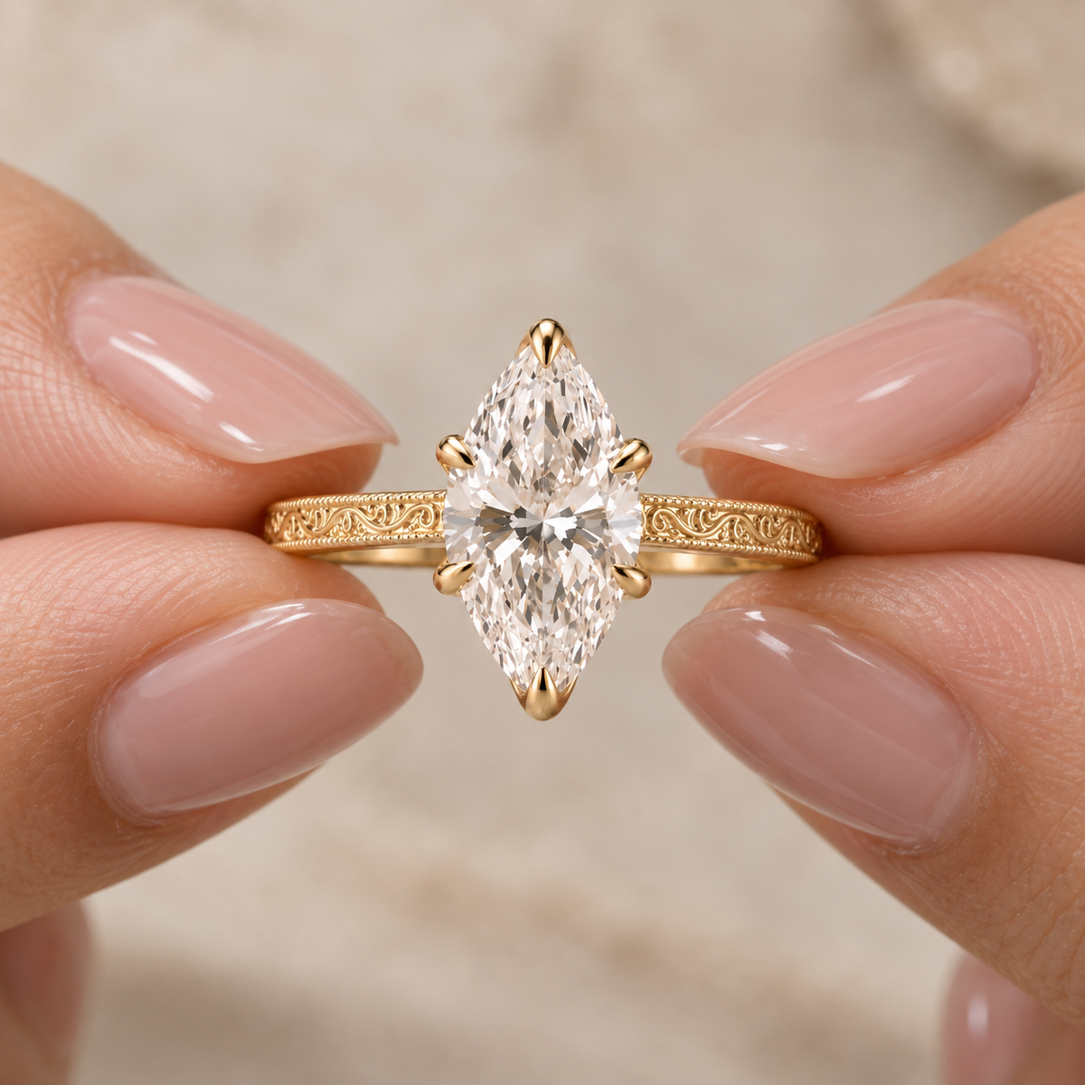 Marquise Cut Lab Grown Diamond Vintage Filigree Engagement Ring in 14K Yellow Gold