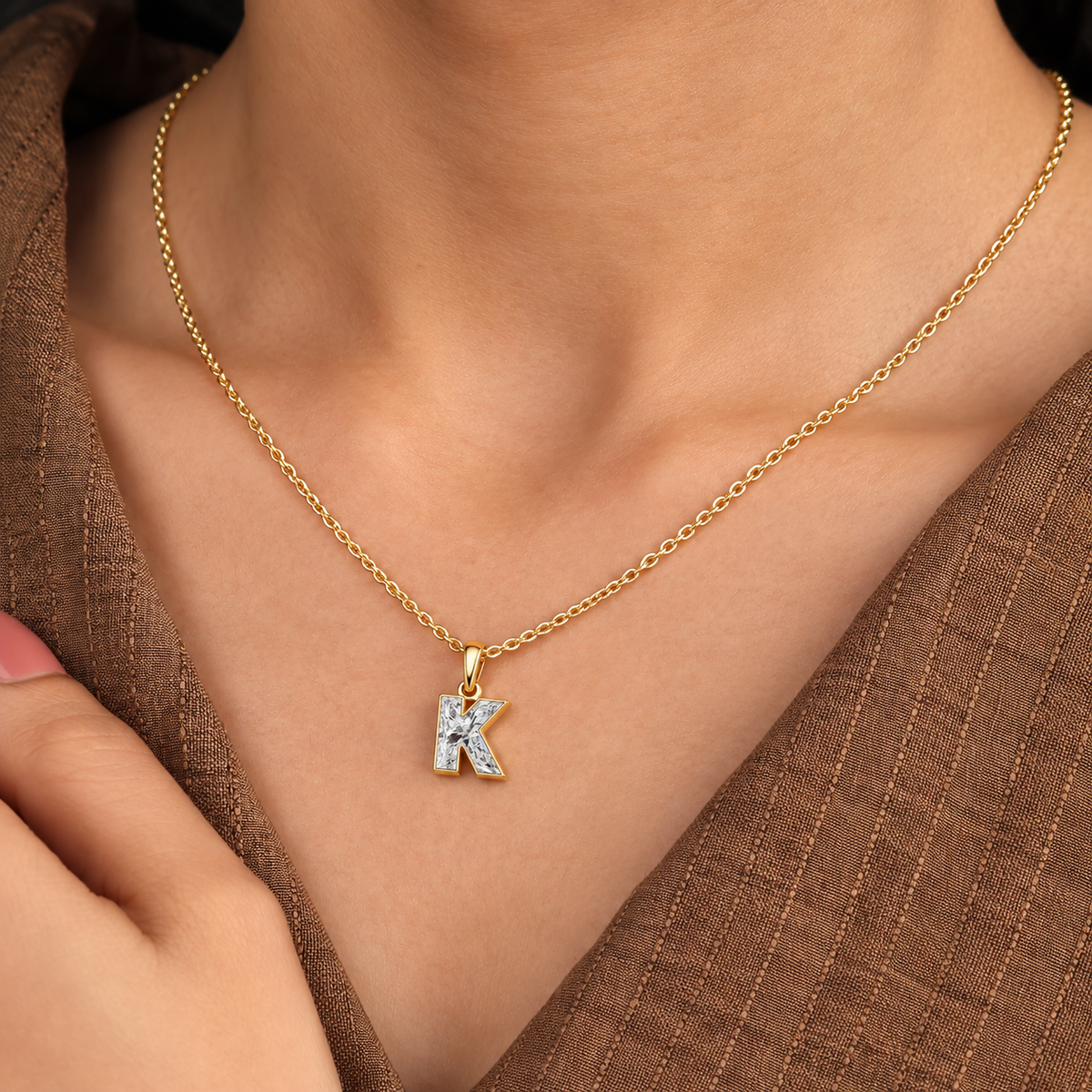Lab Grown Diamond Alphabet K Cut Initial Pendant Necklace IGI Certified in 14K Yellow Gold