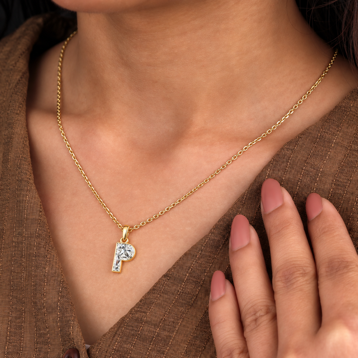 Lab Grown Diamond Alphabet P Cut Initial Pendant Necklace IGI Certified in 14K Yellow Gold