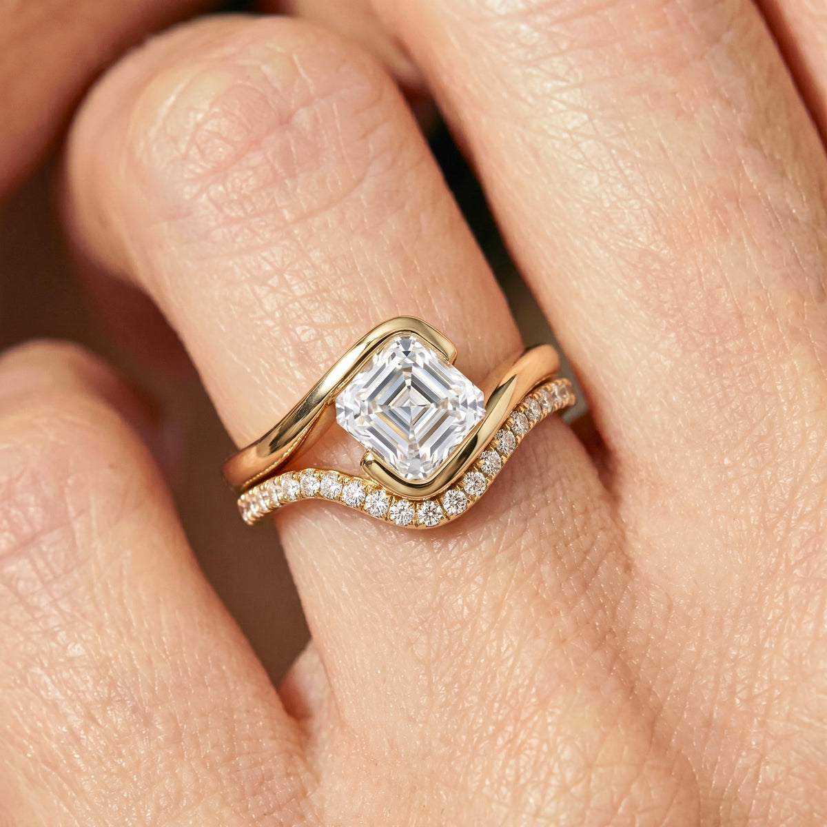 Lab Grown Diamond Asscher Square Step Cut Curved Bypass Bezel Engagement Ring with Curved Pavé Band Set IGI Certified in 14K Yellow Gold