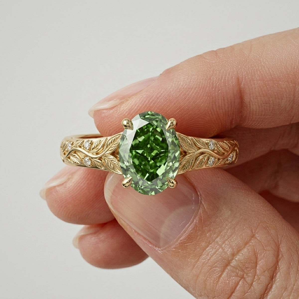 Lab Grown Diamond Oval Cut Green Diamond Nature-Inspired Leaf Engraved Vine Band Engagement Ring IGI Certified in 14K Yellow Gold