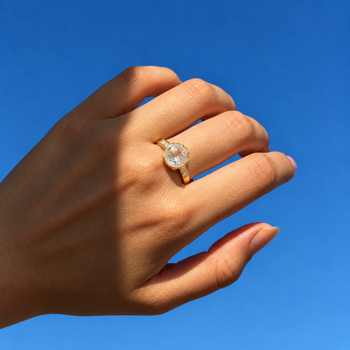 Lab Grown Diamond Round Rose Portrait Cut Lab Grown Diamond Vintage Floral Prong Set Engagement Ring with Diamond Accent Band in 14K Yellow Gold