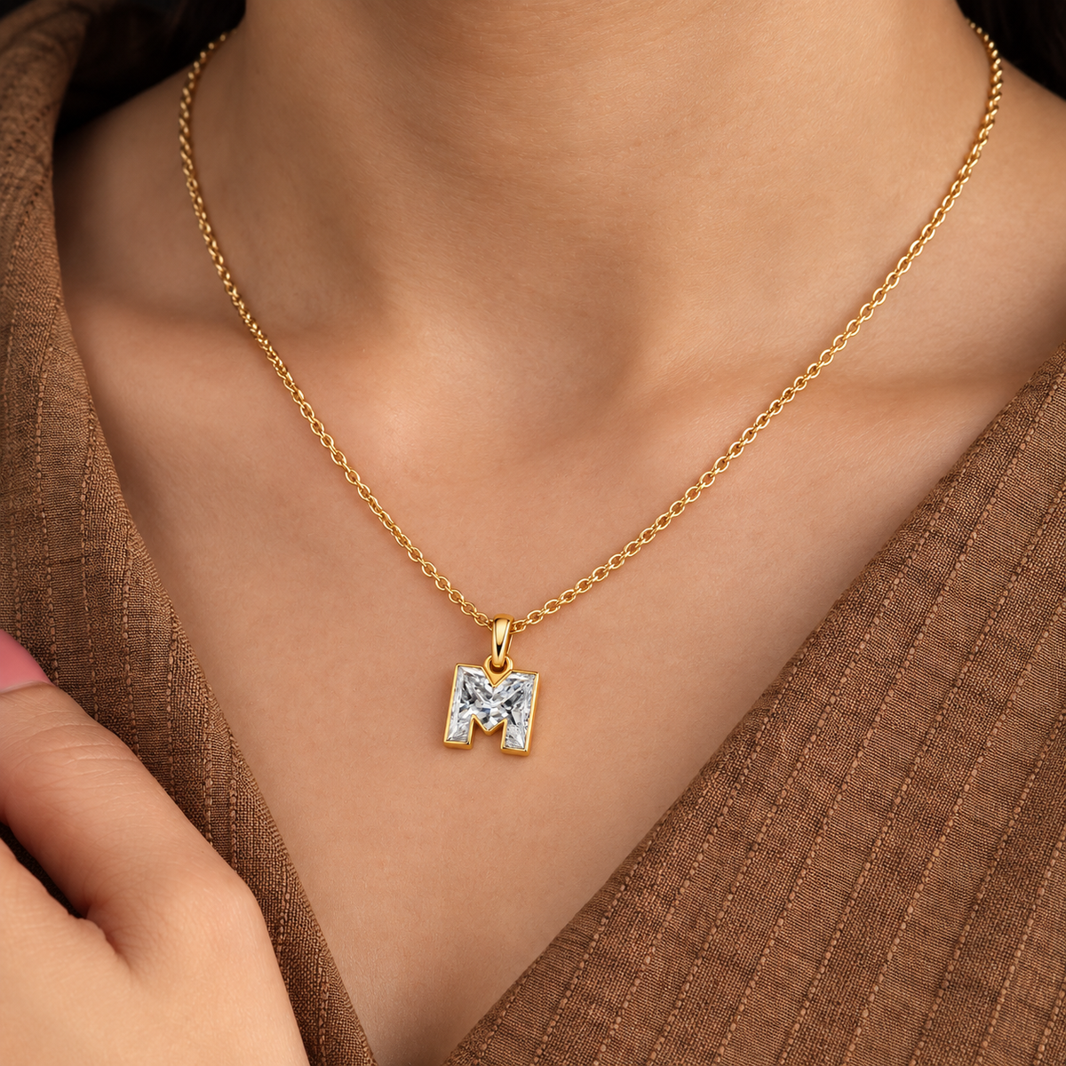 Lab Grown Diamond Alphabet M Cut Initial Pendant Necklace IGI Certified in 14K Yellow Gold