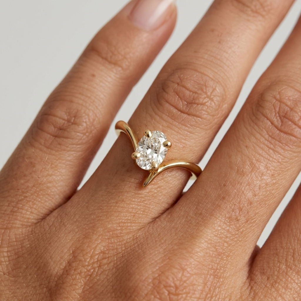 Lab Grown Diamond Oval Cut Chevron Curved Solitaire Engagement Ring IGI Certified in 14K Yellow Gold