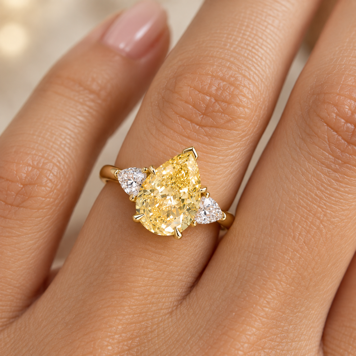 Pear Cut Fancy Yellow Diamond Three Stone Engagement Ring in 14K Yellow Gold