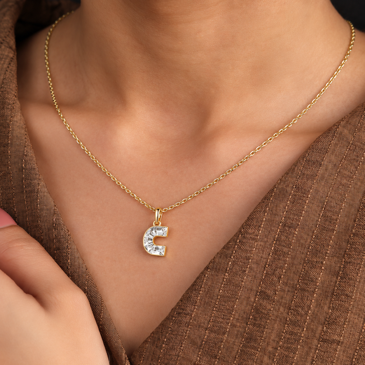 Lab Grown Diamond Alphabet C Cut Initial Pendant Necklace IGI Certified in 14K Yellow Gold