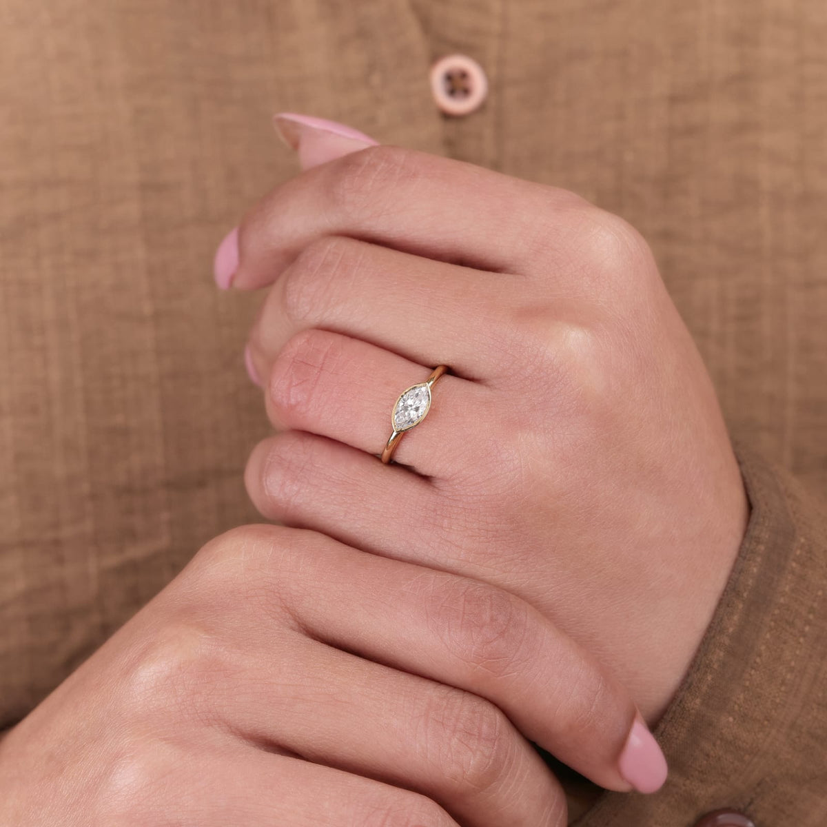 Lab Grown Diamond Marquise Cut East-West Full Bezel Solitaire Engagement Ring IGI Certified in 14K Yellow Gold