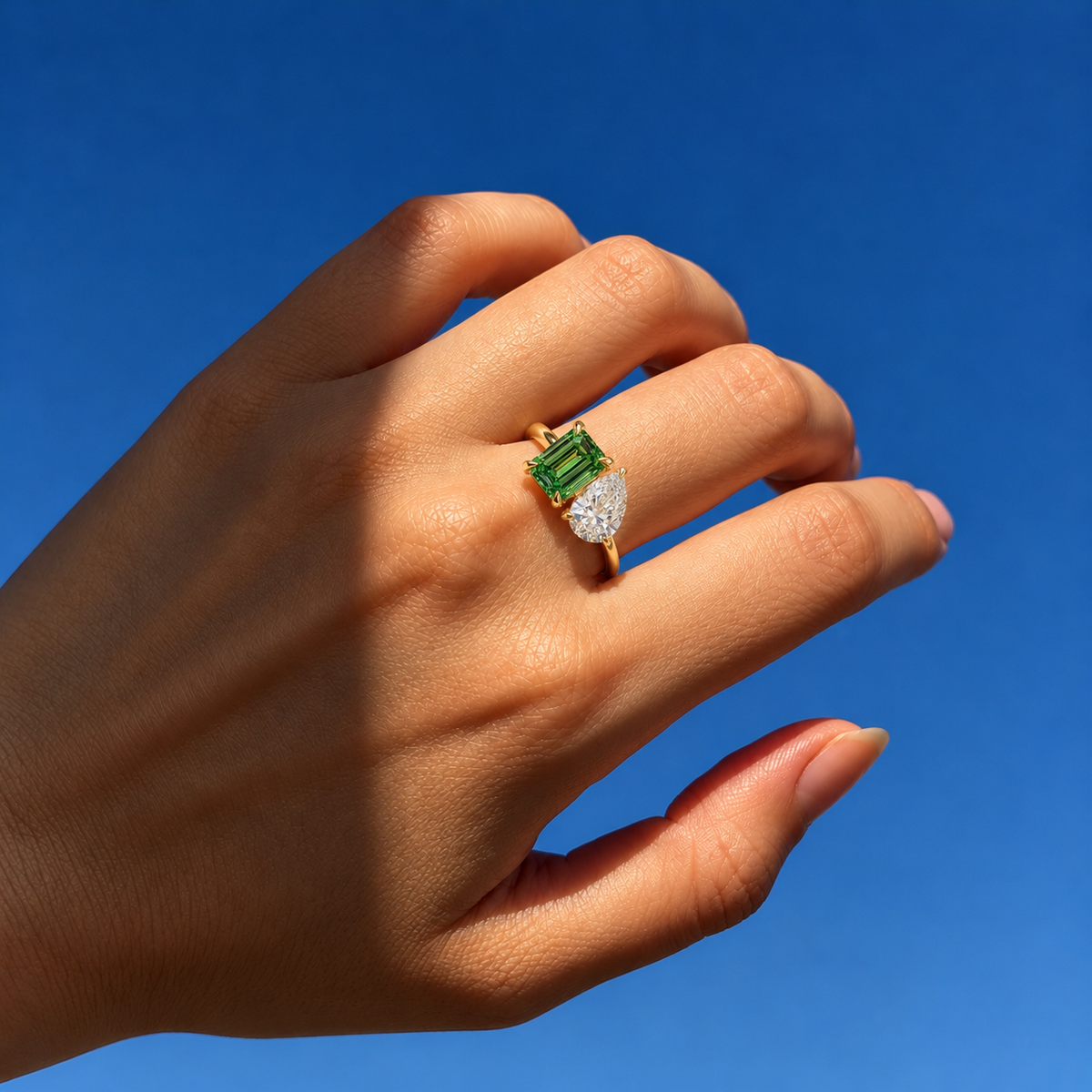 Lab Grown Diamond Emerald Cut Green & Pear Cut White Lab Grown Diamond Toi et Moi Two Stone Engagement Ring in 14K Yellow Gold