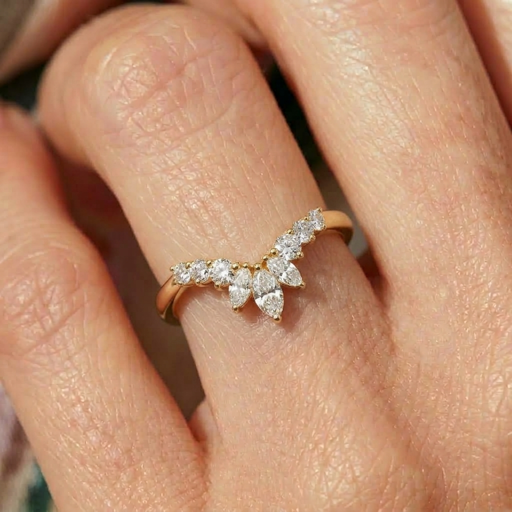 Lab Grown Diamond   Marquise Cut with Round Diamond Side Accents in Pavé Chevron V-Band   Engagement Ring IGI Certified in 14K Yellow Gold