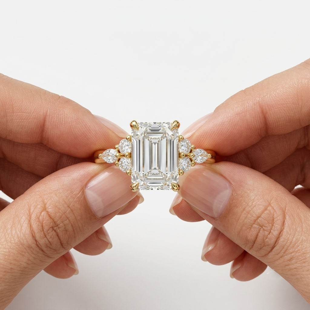 Lab Grown Diamond Emerald Cut Engagement Ring with Marquise & Round Side Stones IGI Certified in 14K Yellow Gold