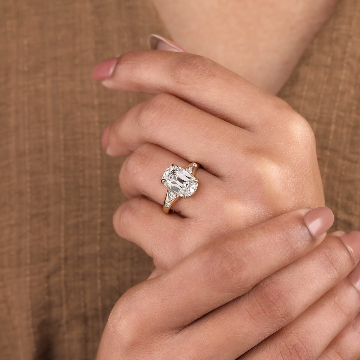 Lab Grown Diamond Elongated Cushion Crushed Ice Cut Vintage Tapered Triangular Shoulder Engagement Ring with Round Side Accents IGI Certified in 14K Yellow Gold