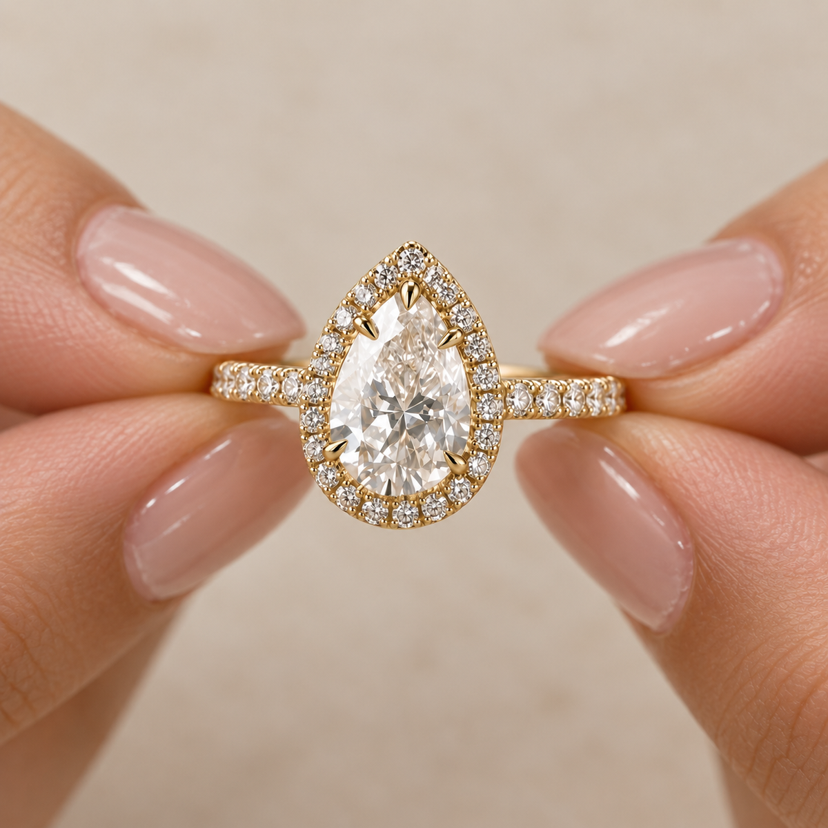 Lab Grown Diamond Pear Cut Halo Engagement Ring with Pavé Diamond Band in 14K Yellow Gold