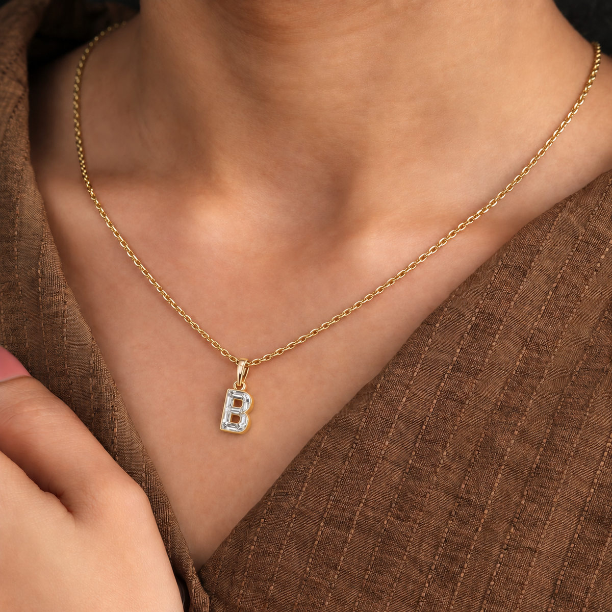 Lab Grown Diamond Alphabet B Cut Initial Pendant Necklace IGI Certified in 14K Yellow Gold