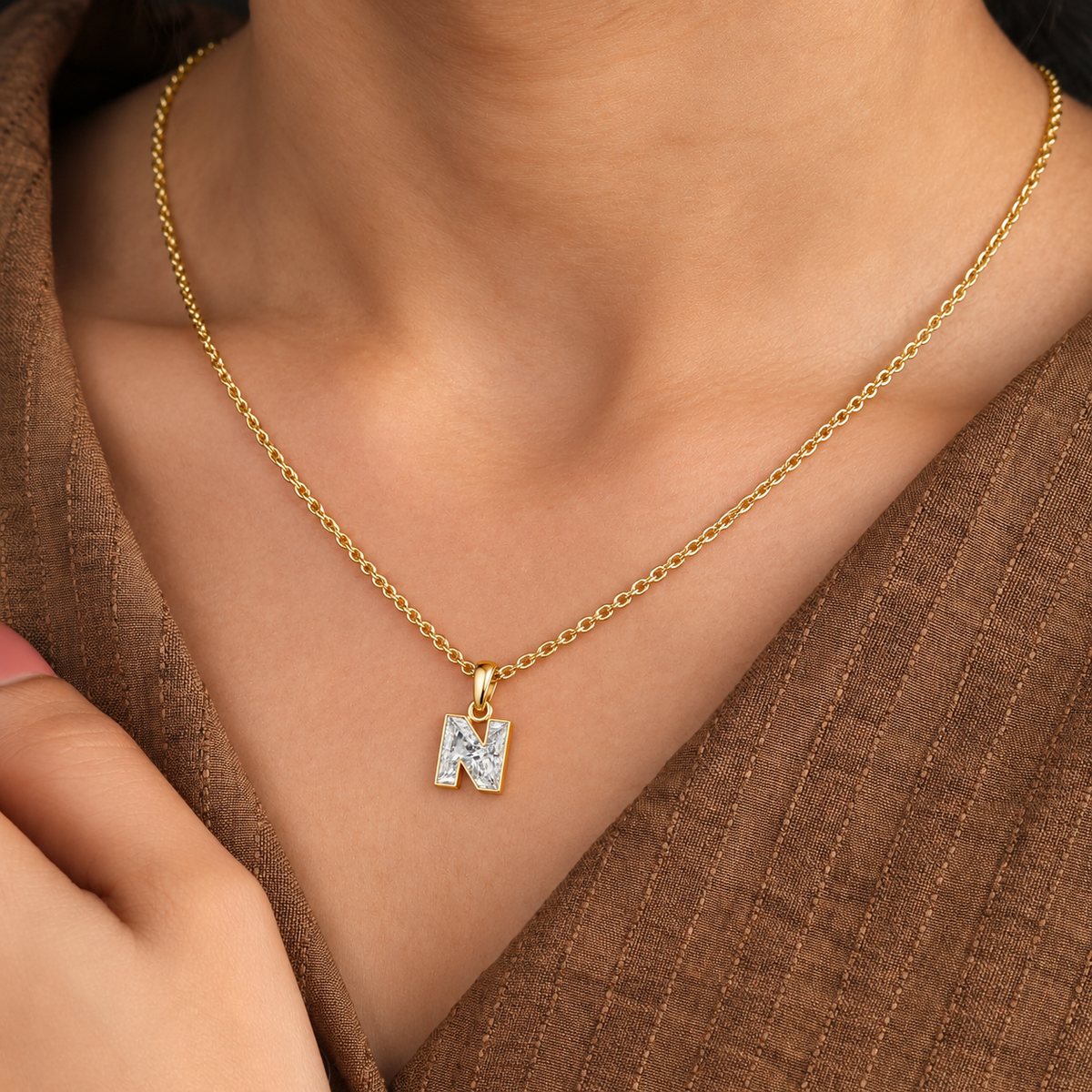 Lab Grown Diamond Alphabet N Cut Initial Pendant Necklace IGI Certified in 14K Yellow Gold