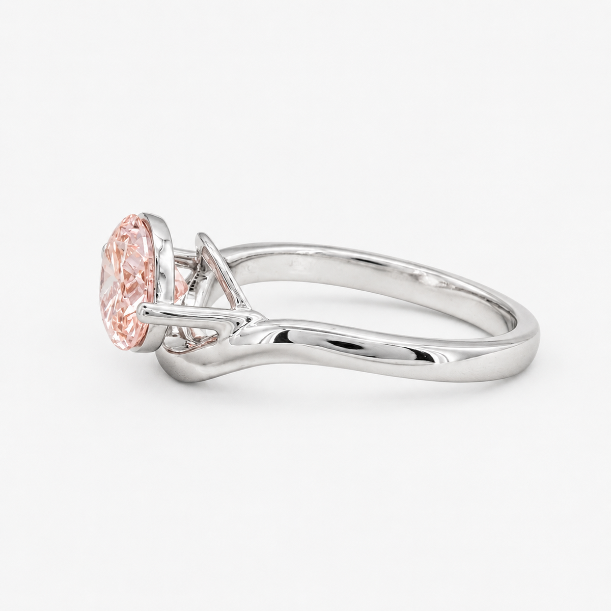 Lab Grown Diamond Fancy Pinkish Peach Marquise Cut East-West V-Contour Half Bezel Solitaire Engagement Ring IGI Certified in 14K Yellow Gold