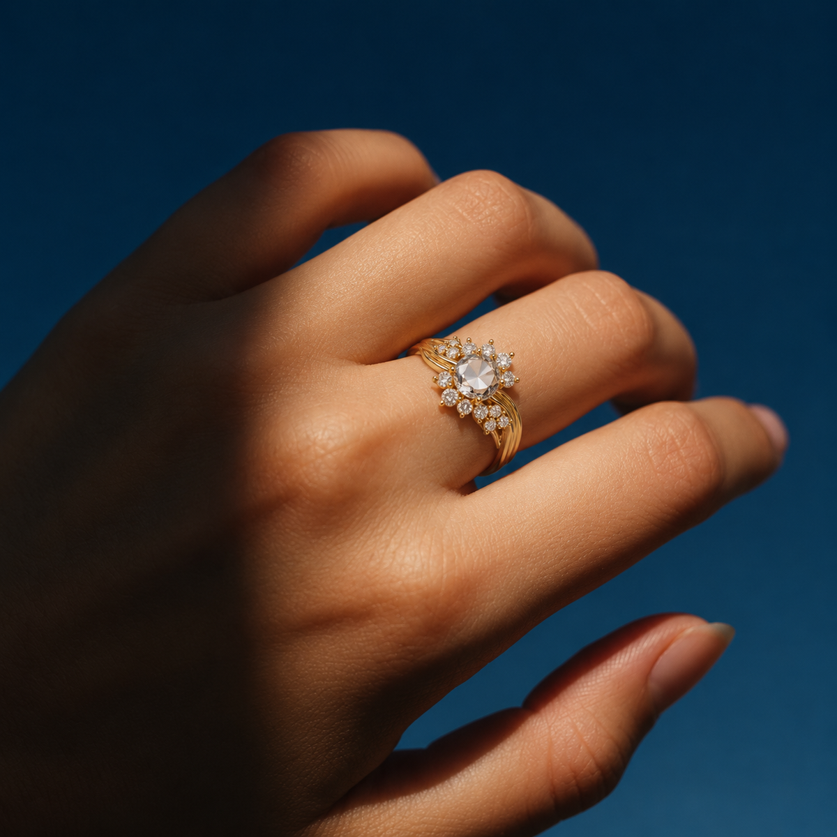 Lab Grown Diamond Round Rose Cut Floral Burst Starburst Bypass Wave Band Engagement Ring IGI Certified in 14K Yellow Gold
