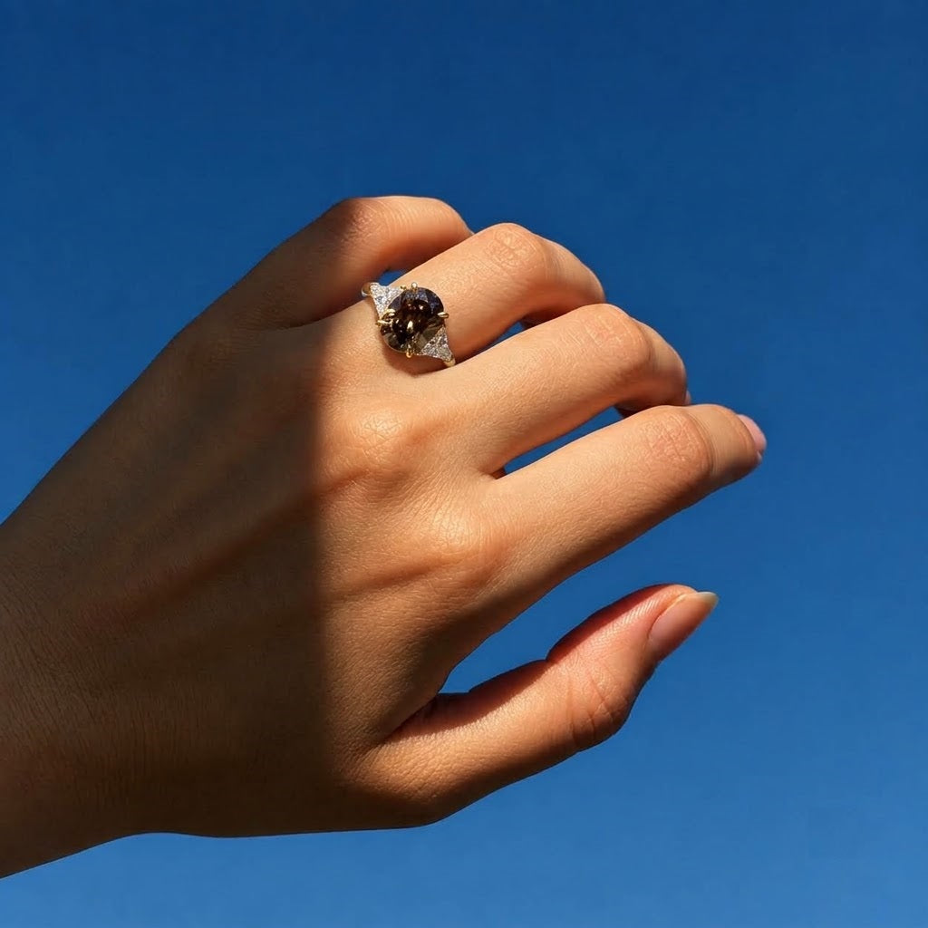 Lab Grown Diamond Fancy Champagne Oval Brilliant Cut Three-Stone Trillion Side Accent Engagement Ring IGI Certified in 14K Yellow Gold