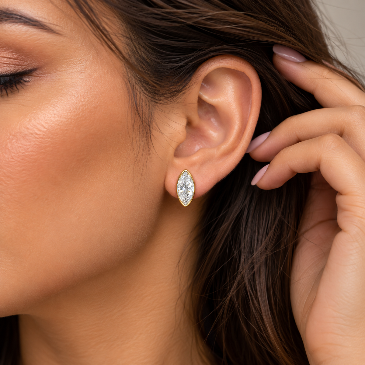 Lab Grown Diamond Moval Cut Modified Brilliant Cut Bezel Stud Earrings IGI Certified in 14K Yellow Gold