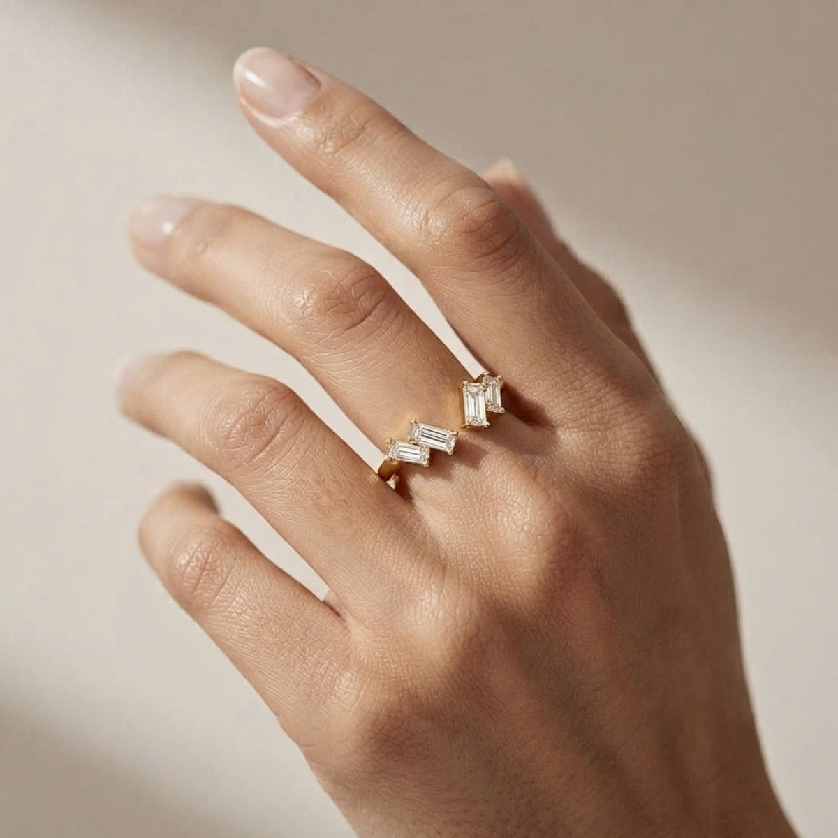Lab Grown Diamond Baguette Cut Open Chevron Wedding Band with Geometric Diamond Accents in 14K Yellow Gold