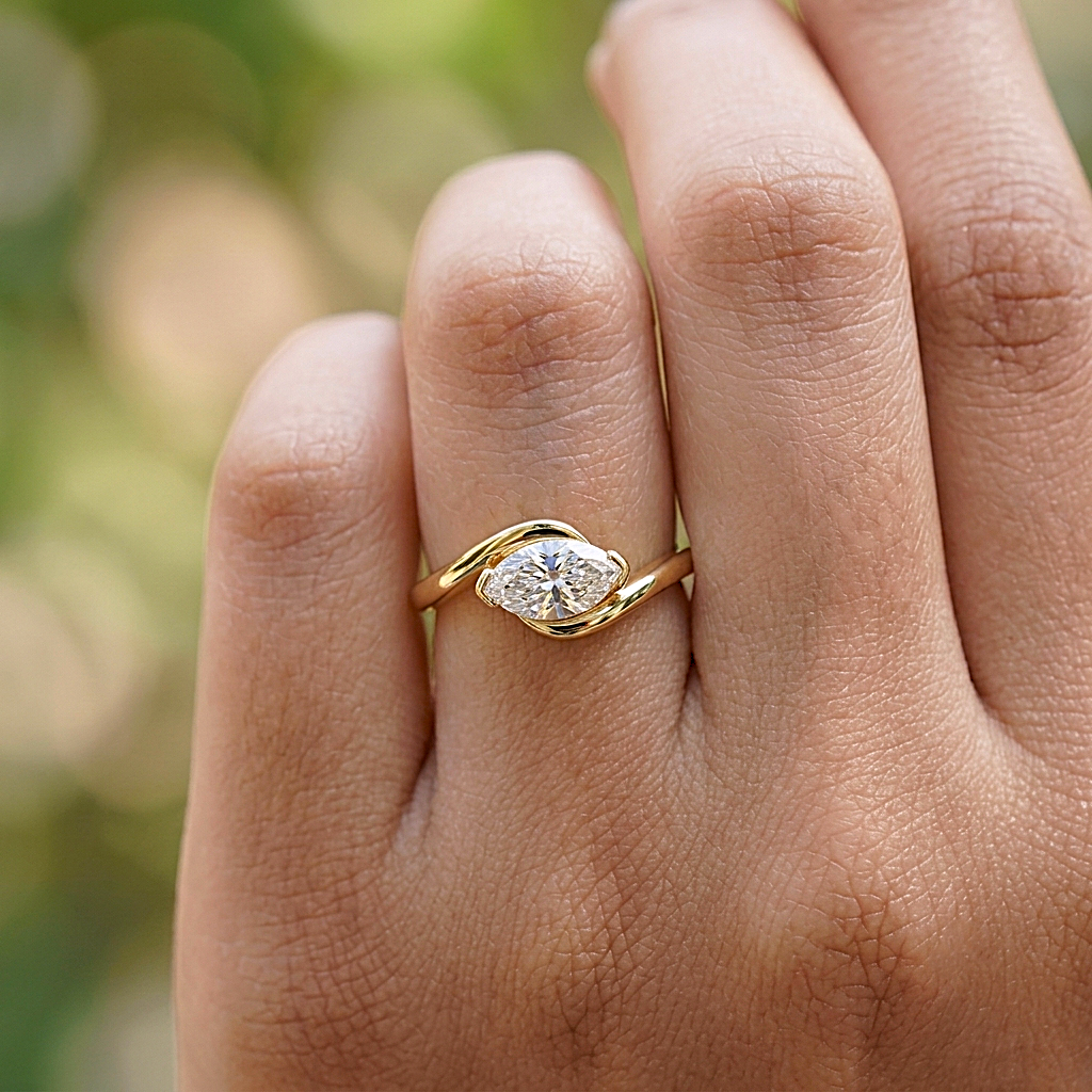 Lab Grown Diamond Marquise Cut East-West Bypass Solitaire Engagement Ring IGI Certified in 14K Yellow Gold