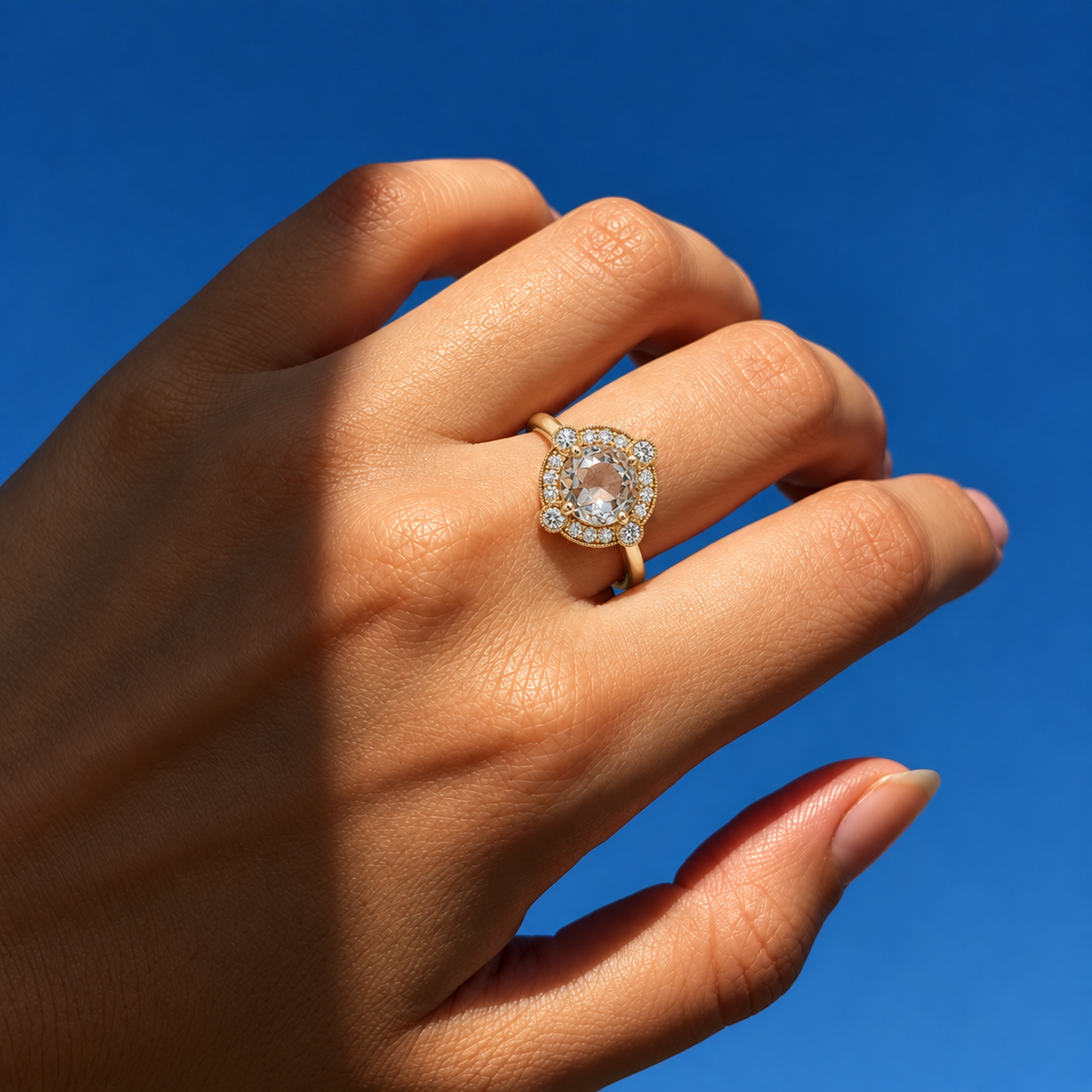 Lab Grown Diamond Round Rose Cut Vintage Milgrain Beaded Geometric Starburst Halo Engagement Ring IGI Certified in 14K Yellow Gold