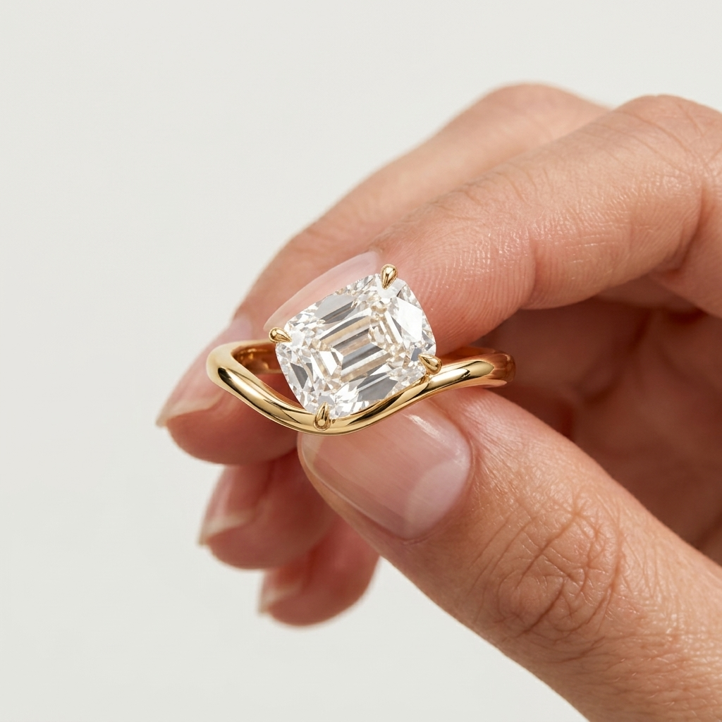 Lab Grown Diamond Old Mine Cushion Cut Solitaire Engagement Ring IGI Certified in 14K Yellow Gold