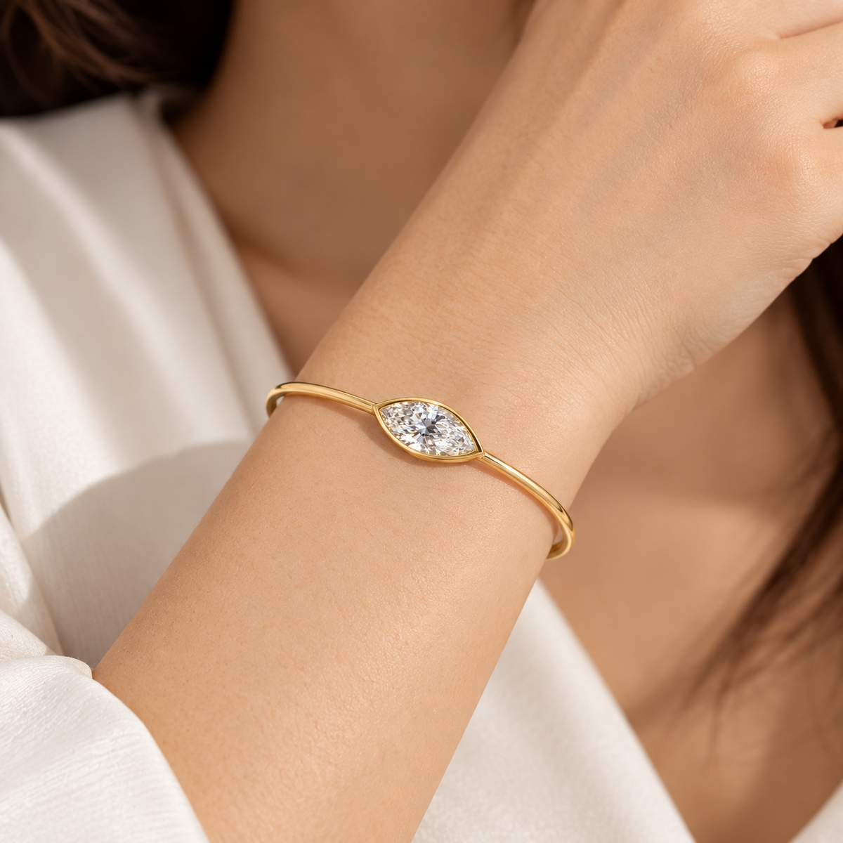 Lab Grown Diamond Marquise Cut East-West Full Bezel Rigid Bangle Bracelet IGI Certified in 14K Yellow Gold