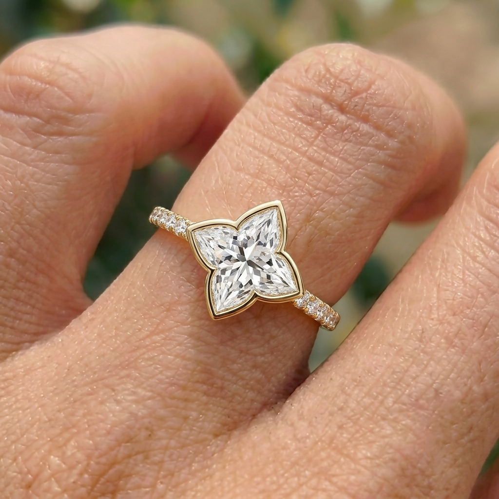 Lab Grown Diamond Lily Cut Pavé Band Engagement Ring IGI Certified in 14K Yellow Gold