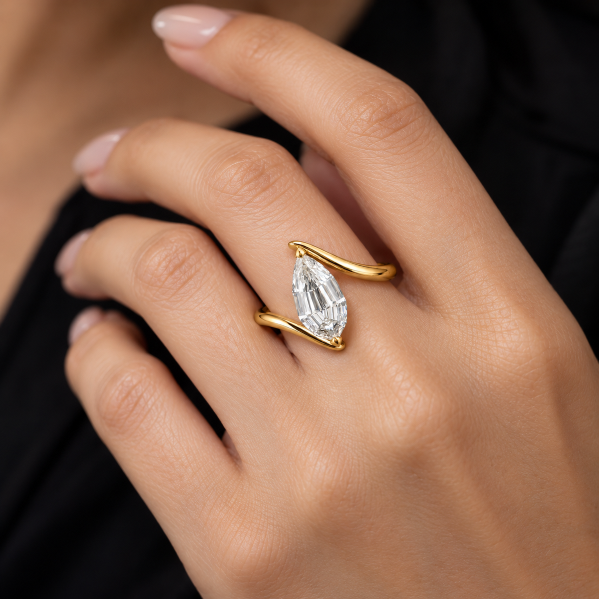 Lab Grown Diamond Pear Step Cut Modern Bypass Wave Solitaire Engagement Ring IGI Certified in 14K Yellow Gold