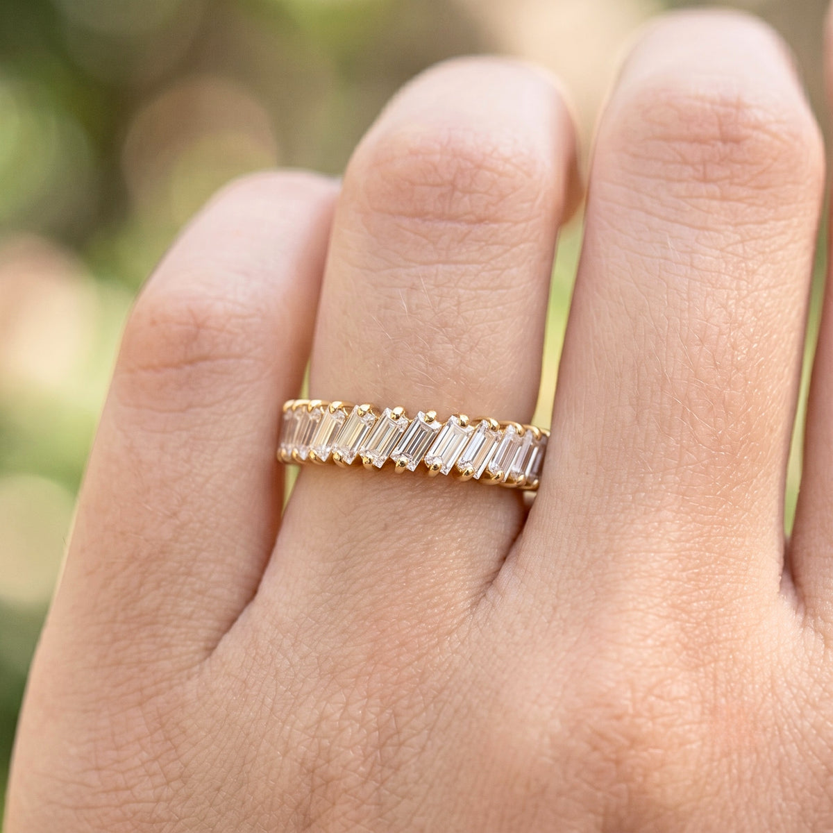 Lab Grown Diamond   Emerald Cut Half Eternity Wedding Band with Channel Style Setting in 14K   Yellow Gold