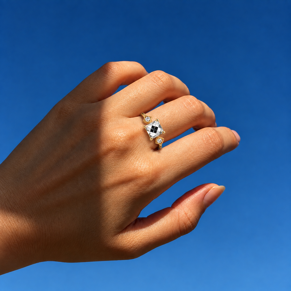 Lab Grown Diamond Square French Cut Beaded Edge Three-Stone Diamond Frame Side Accent Engagement Ring IGI Certified in 14K Yellow Gold