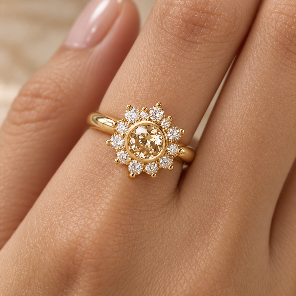 Round Cut Champagne Diamond Halo Engagement Ring with Diamond Cluster in 14K Yellow   Gold
