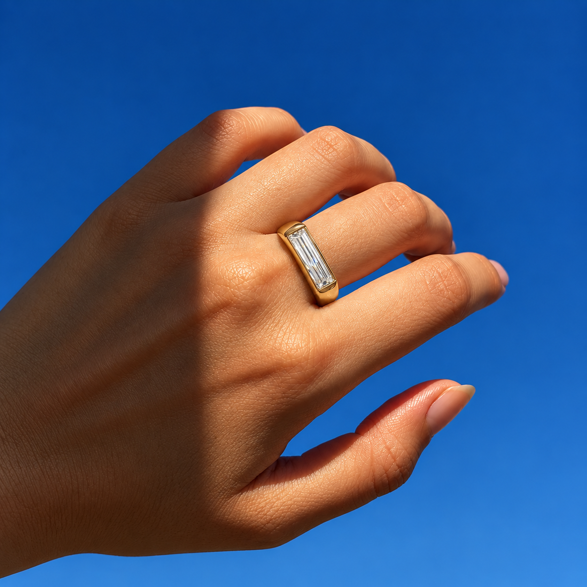 Lab Grown Diamond Straight Baguette Cut East-West Flush Bezel Thick Signet Band Engagement Ring IGI Certified in 14K Yellow Gold