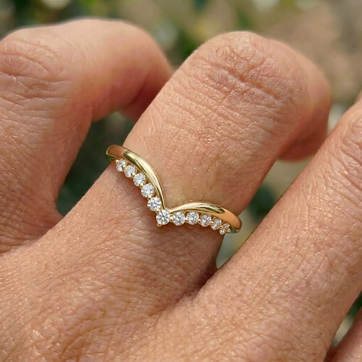 Lab Grown Diamond V-Shaped Chevron Wedding Band with Pavé Diamond Accents in 14K Yellow Gold