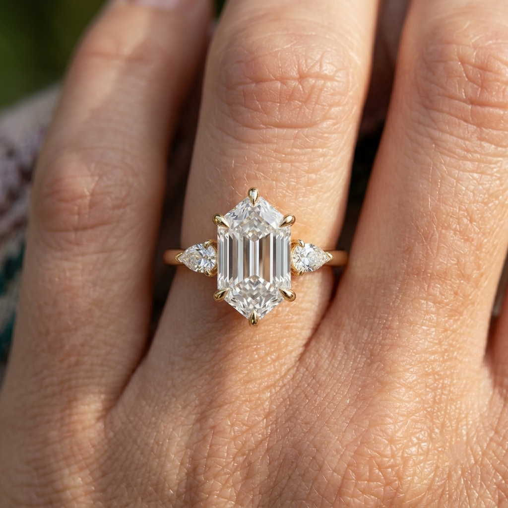 Lab Grown Diamond Elongated Hexagon Cut Three-Stone Pear Side Accent Engagement Ring IGI Certified in 14K Yellow Gold