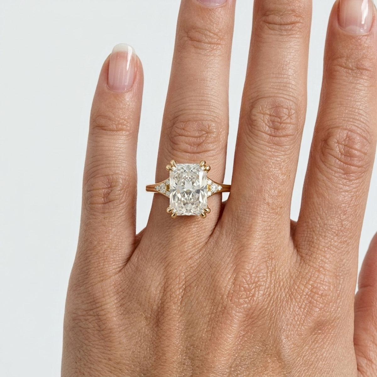 Lab Grown Diamond Radiant Cut Engagement Ring with Round Diamond Side Accents IGI Certified in 14K Yellow Gold
