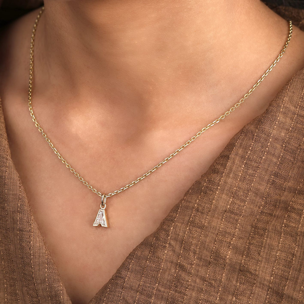 Lab Grown Diamond Alphabet A Cut Initial Pendant Necklace IGI Certified in 14K Yellow Gold