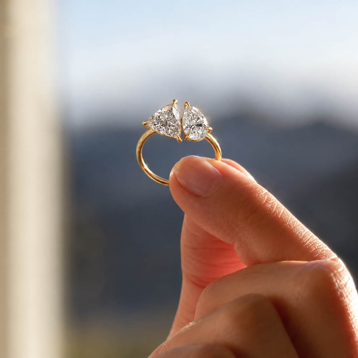 Toi et Moi Trillion and Pear Cut Diamond Engagement Ring in 14K Yellow Gold