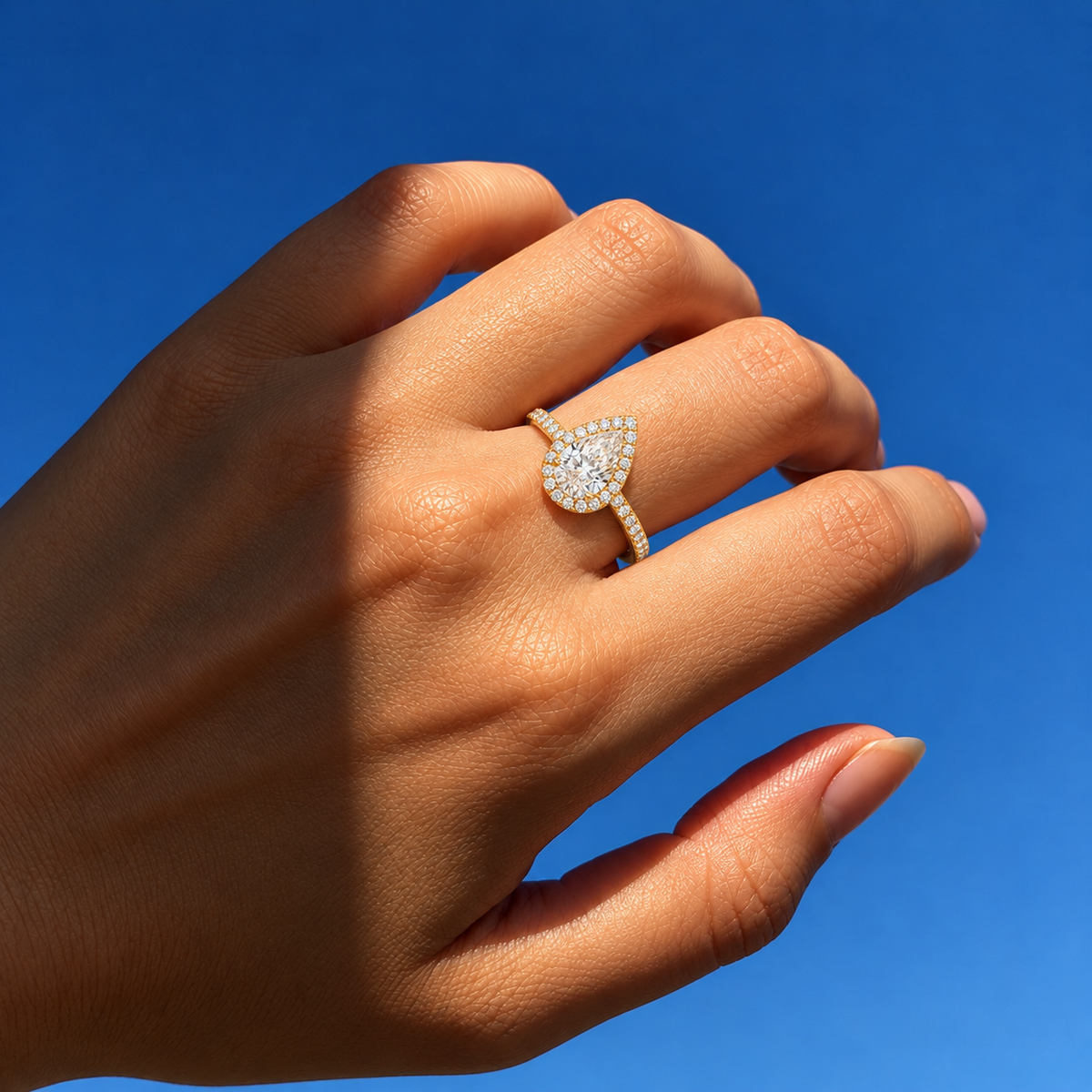 Pear Cut Halo Lab Grown Diamond Engagement Ring with Pavé Band in 14K Yellow Gold