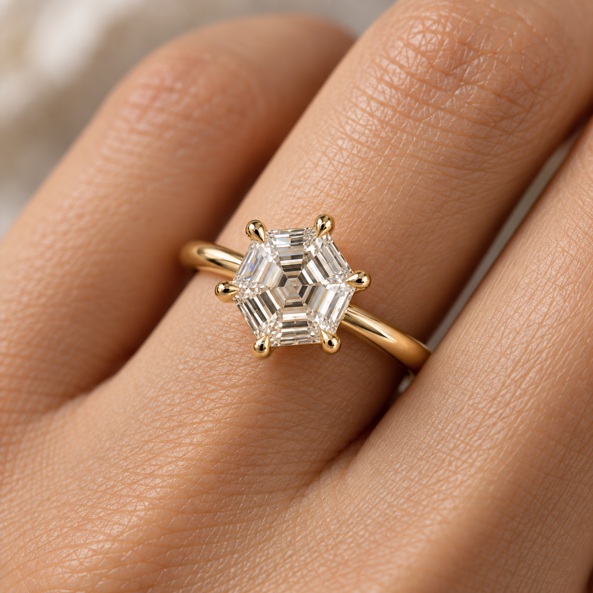 Hexagon Cut Lab Grown Diamond Solitaire Engagement Ring in 14K Yellow Gold