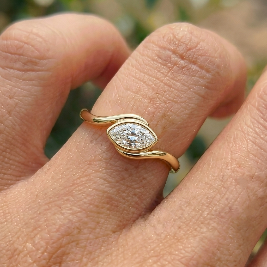 Lab Grown Diamond Marquise Cut East-West Bypass Bezel Engagement Ring IGI Certified in 14K Yellow Gold