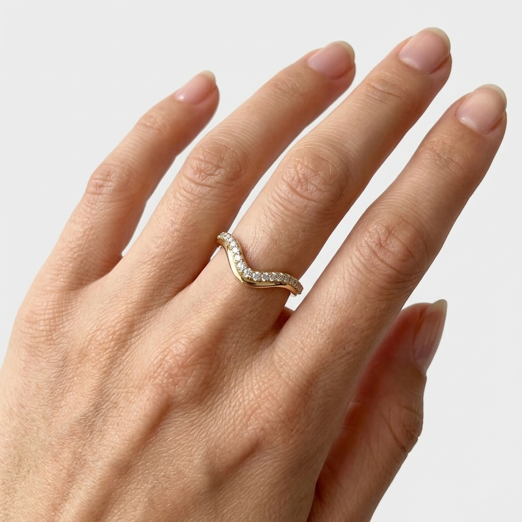 Lab Grown Diamond Round Brilliant Pave Chevron V Band Ring in 14K Yellow Gold