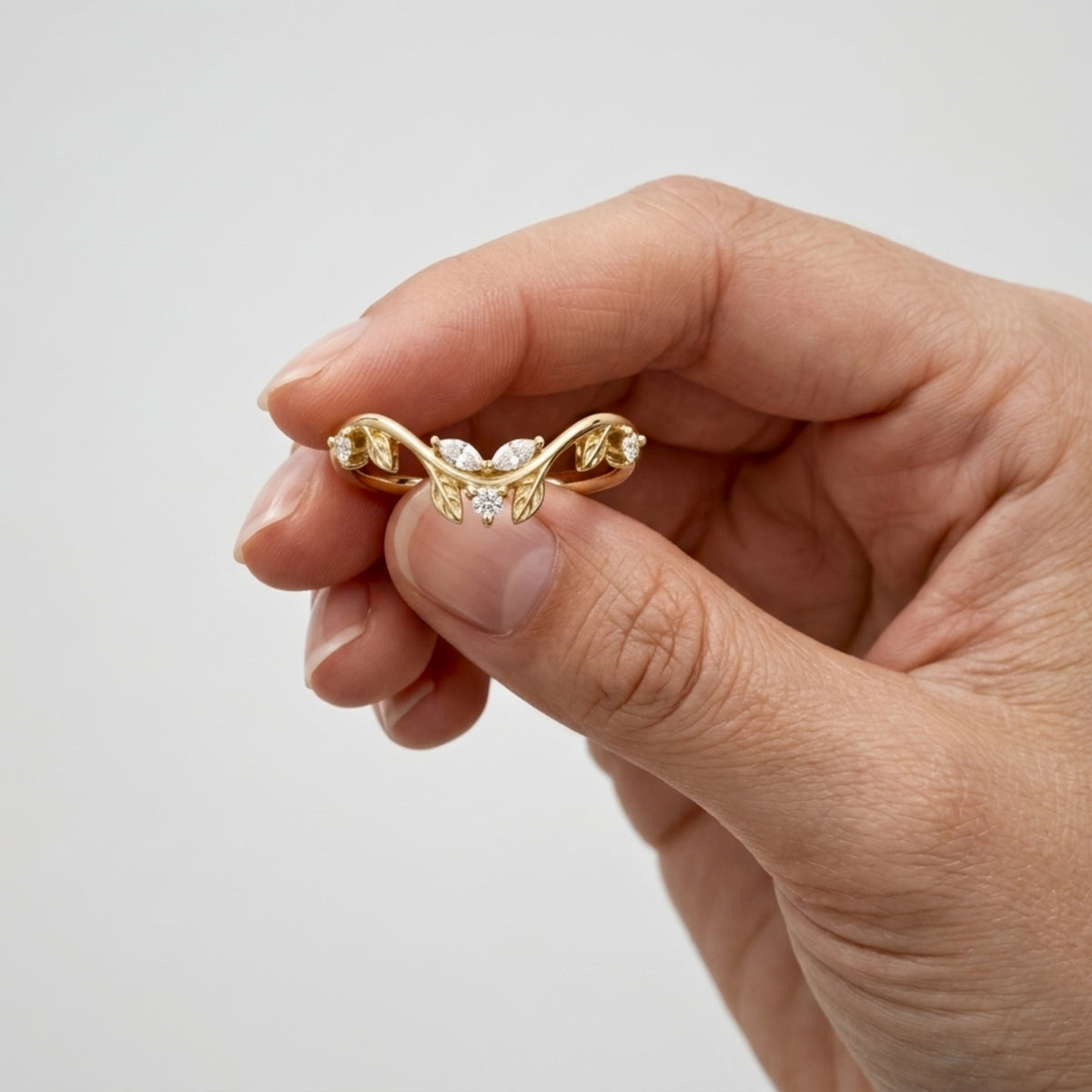 Lab Grown Diamond   Marquise & Round Diamond Nature-Inspired Vine V Band Ring in 14K Yellow Gold