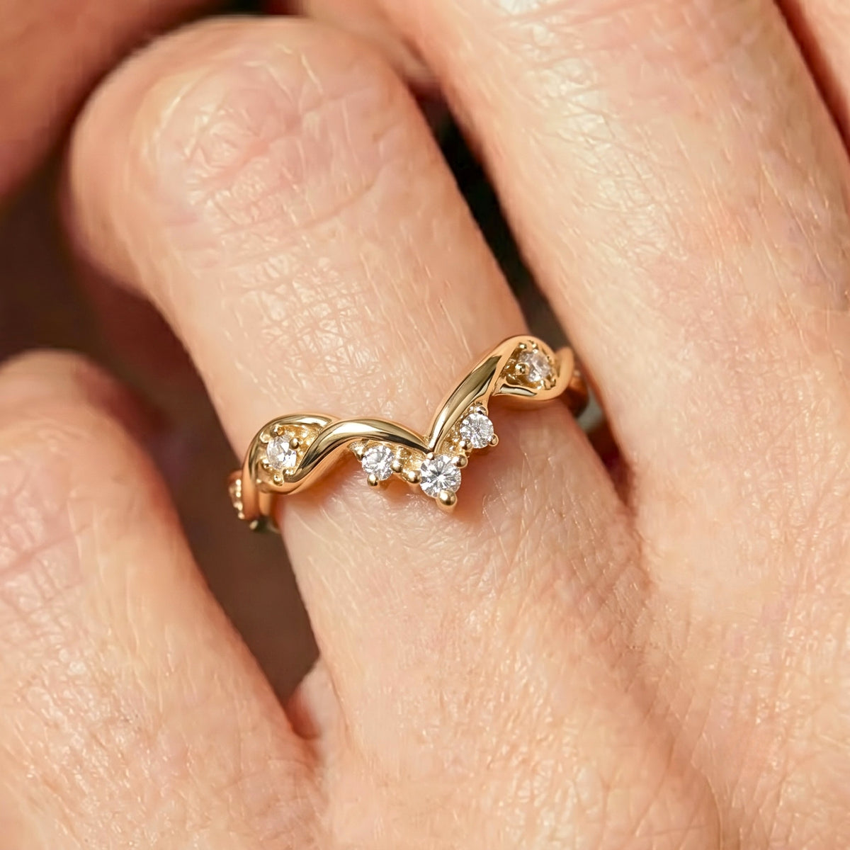 Lab Grown Diamond V-Shaped Chevron Wedding Band with Sculptural Gold Design and Round Diamond Accents in 14K Yellow Gold